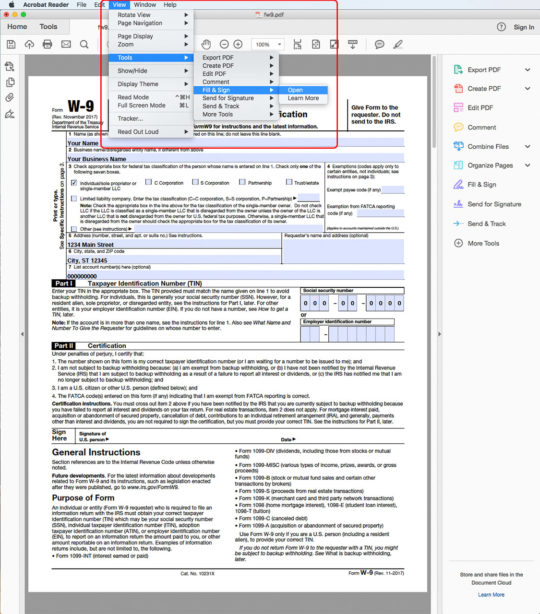 W-9-Form-Sign-Tools-Menu